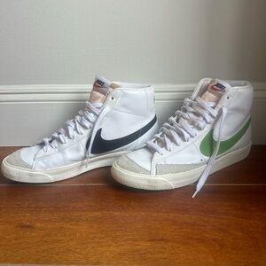 Nike Blazer High-Top Leather Sneakers in White with Black and Green Swooshes